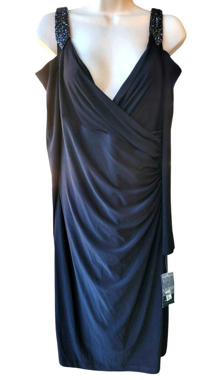 NWT Lauren RALPH LAUREN Dress Black Evening Cocktail Ruched Faux Wrap Size 10